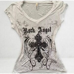 Rock Angel Women White Rhinestone Cross Graphic V-Neck Cap Sleeve Tee Y2K Grunge
